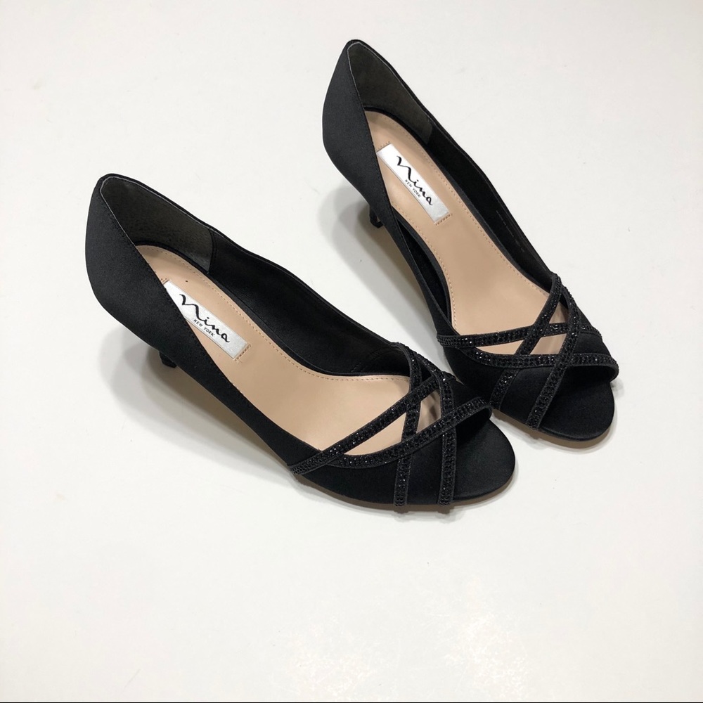 🆕 Black Satin Embellished NINA Dress Heels • 10
